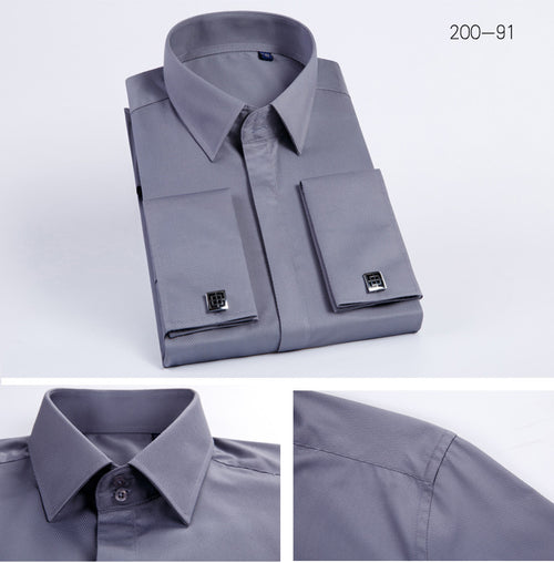 Men's French Cufflinks Shirt Business Formal Dress Sleeve Studs Solid Color Non-ironing Double Stacked Sleeve Hidden Button Shirt Slim-fit Korean Style
