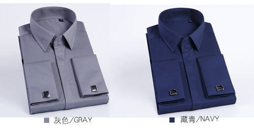 Men's French Cufflinks Shirt Business Formal Dress Sleeve Studs Solid Color Non-ironing Double Stacked Sleeve Hidden Button Shirt Slim-fit Korean Style