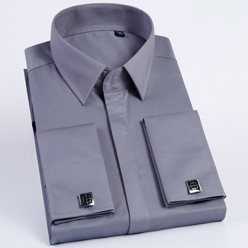 Men's French Cufflinks Shirt Business Formal Dress Sleeve Studs Solid Color Non-ironing Double Stacked Sleeve Hidden Button Shirt Slim-fit Korean Style