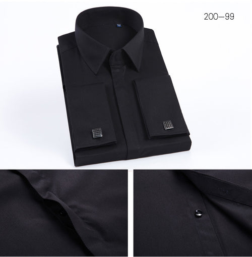 Men's French Cufflinks Shirt Business Formal Dress Sleeve Studs Solid Color Non-ironing Double Stacked Sleeve Hidden Button Shirt Slim-fit Korean Style