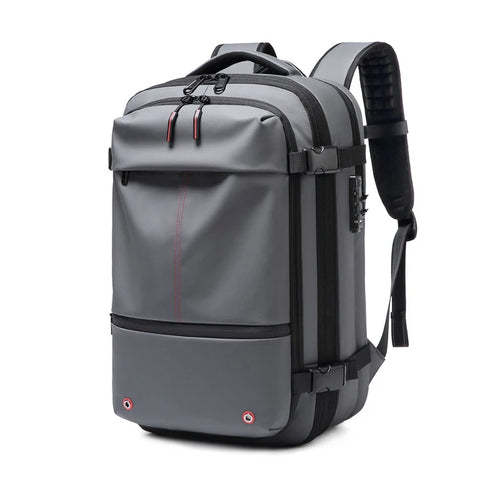 Gray travel vacuum backpack designed for business trips, commuting, and travel organization.