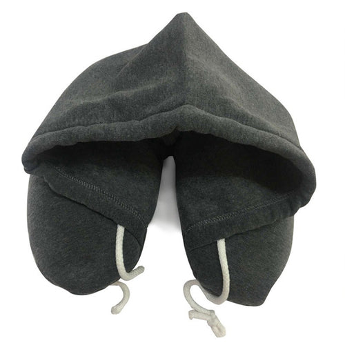Dark gray hooded travel neck pillow for comfortable sleeping during flights and long journeys.