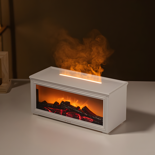 White electric fireplace with flames and glowing embers on a dark background

