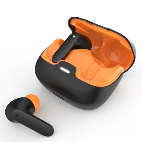 Portable wireless earbuds charging case with sleek black and orange finish