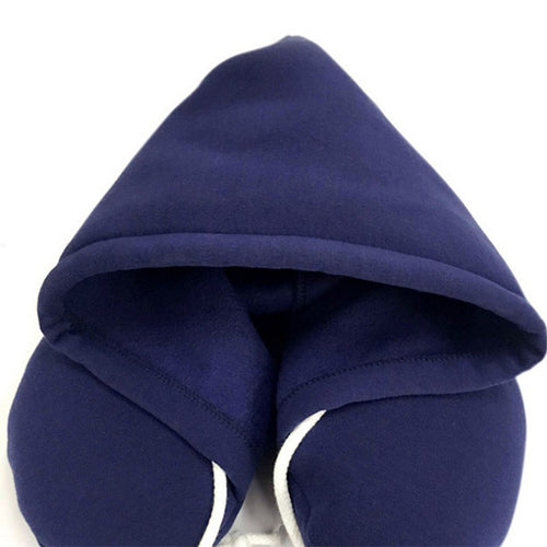 Blue hooded travel neck pillow with ergonomic neck support and soft fabric construction.
