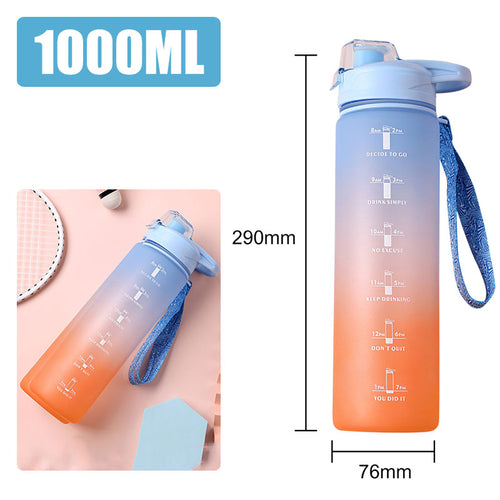 Portable motivational water bottle with detachable strap and leakproof cap.