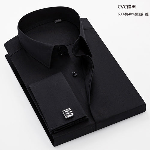 Men's French Cufflinks Shirt Business Formal Dress Sleeve Studs Solid Color Non-ironing Double Stacked Sleeve Hidden Button Shirt Slim-fit Korean Style