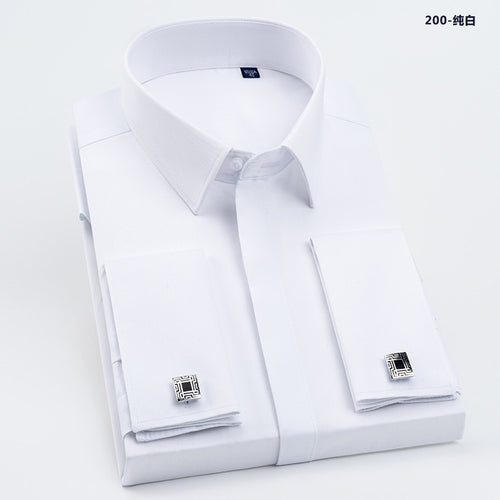 Men's French Cufflinks Shirt Business Formal Dress Sleeve Studs Solid Color Non-ironing Double Stacked Sleeve Hidden Button Shirt Slim-fit Korean Style