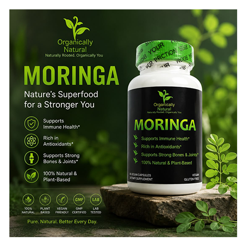 Moringa supplement bottle with green leaves and nature-themed text on a dark background