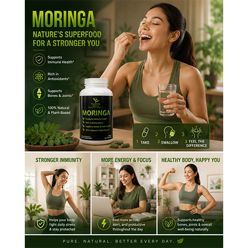 Woman with Moringa supplement and drink, promoting health benefits on a green background
