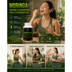 Woman with Moringa supplement and drink, promoting health benefits on a green background