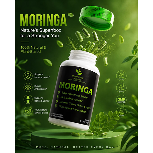 Bottle of Moringa capsules with green leaves and text on a green background