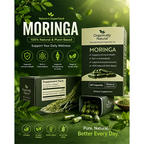 Moringa supplement packaging with green leaves on a dark background